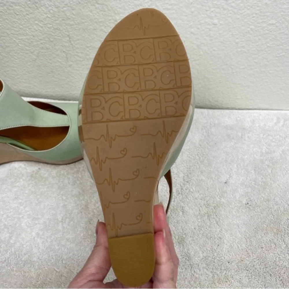 BC Footwear Women's Mint Green Tan Leather Platform Sandal Wedge Size 8.5 Boho